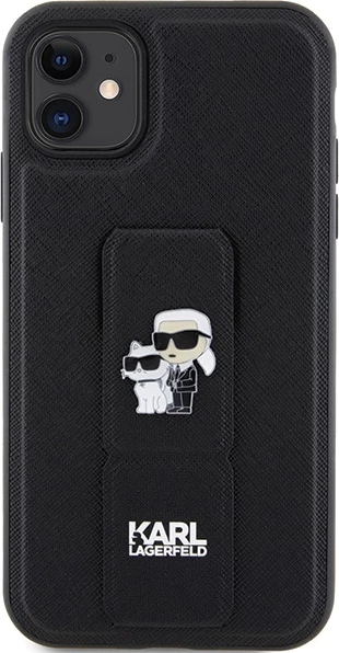 Mbështjellës Karl Lagerfeld Gripstand Saffiano Karl&Choupette Pins për iPhone 11/XR, i zi