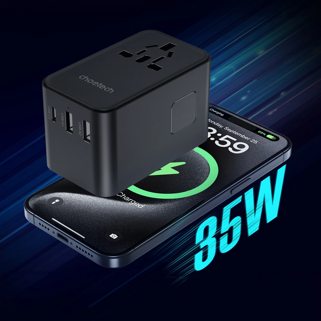 Adapter udhëtimi Choetech PD5020 me karikim të shpejtë 35W, 4 porta, USB-C/USB-A, i zi