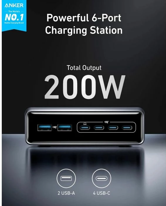 Karikues desktop ANKER Prime A2683341 200W GaN 6 porta USB (4x USB-C, 2x USB-A), gri e errët