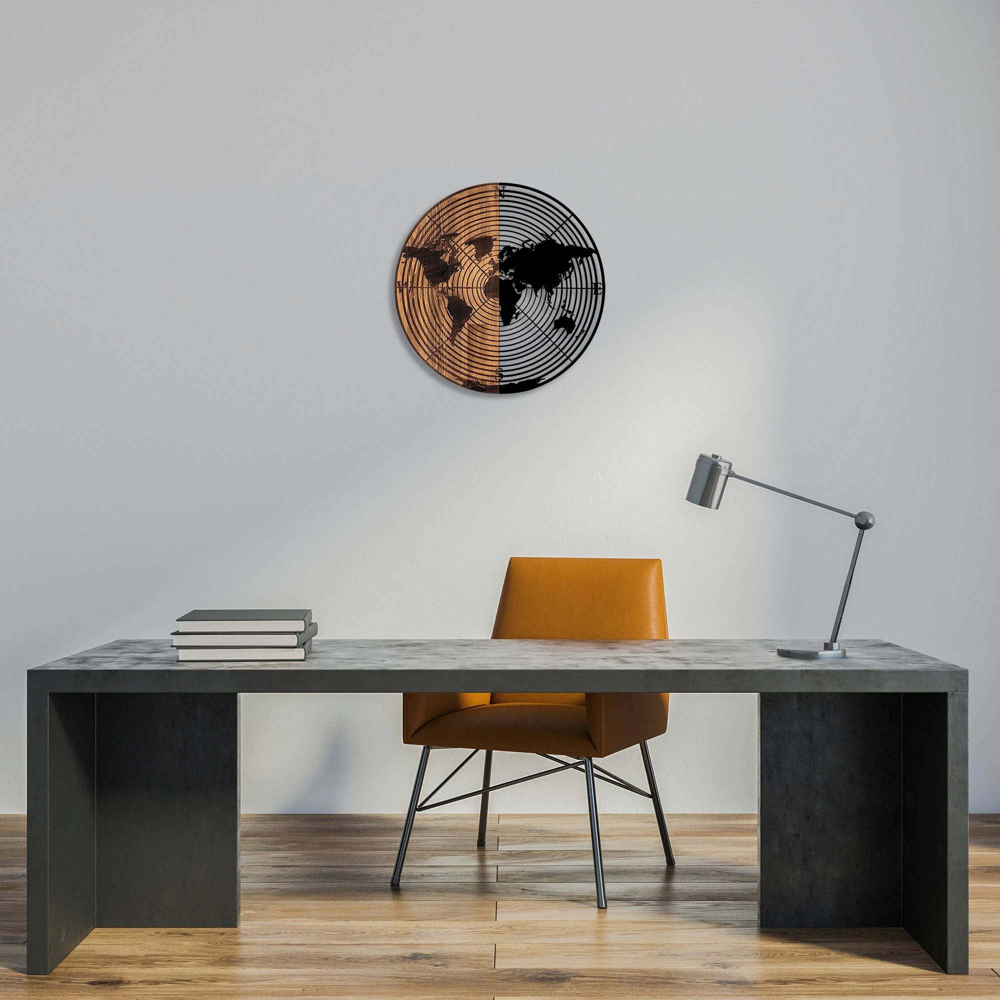 Aksesor dekorativ muri prej druri, hartë bote, Wallity, 321, ngjyrë e zezë dhe arre, Ø56cm