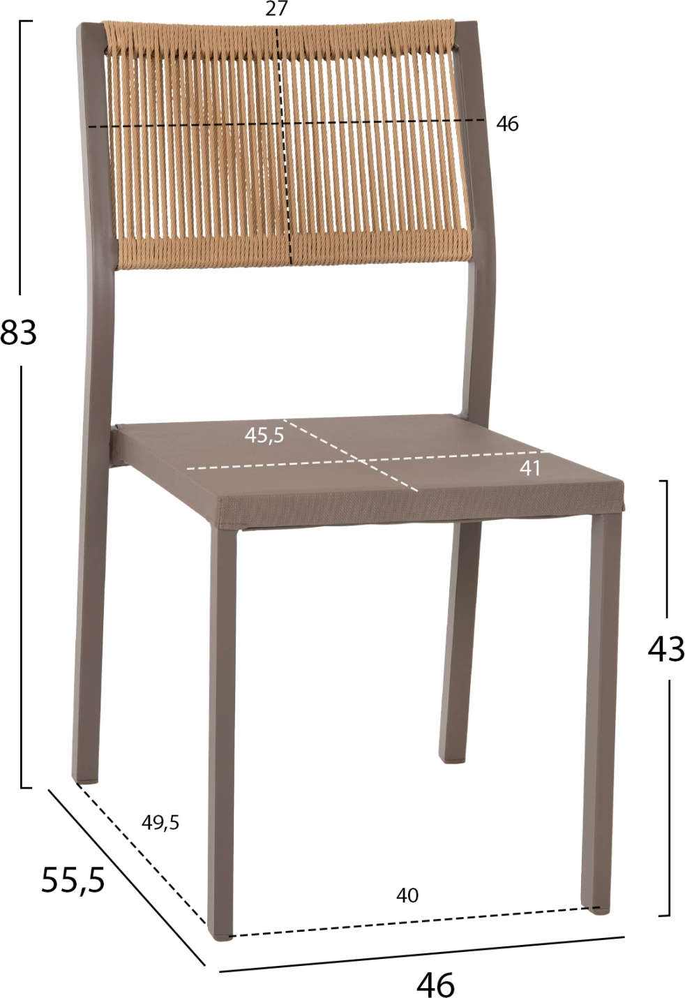 Karrige alumini, kornizë shampanjë dhe tekstil me ratan sintetik bezhë, 46x55.5x83H cm