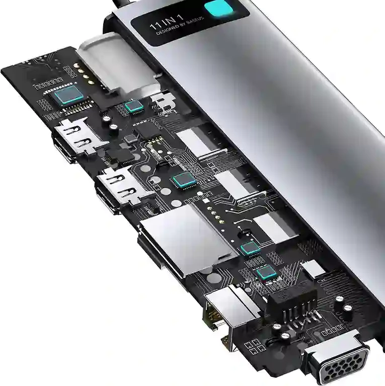 Kasë Baseus Metal Gleam Series CAHUB-CT0G, 11 porte, USB-C, HDMI, VGA, RJ45, Gri