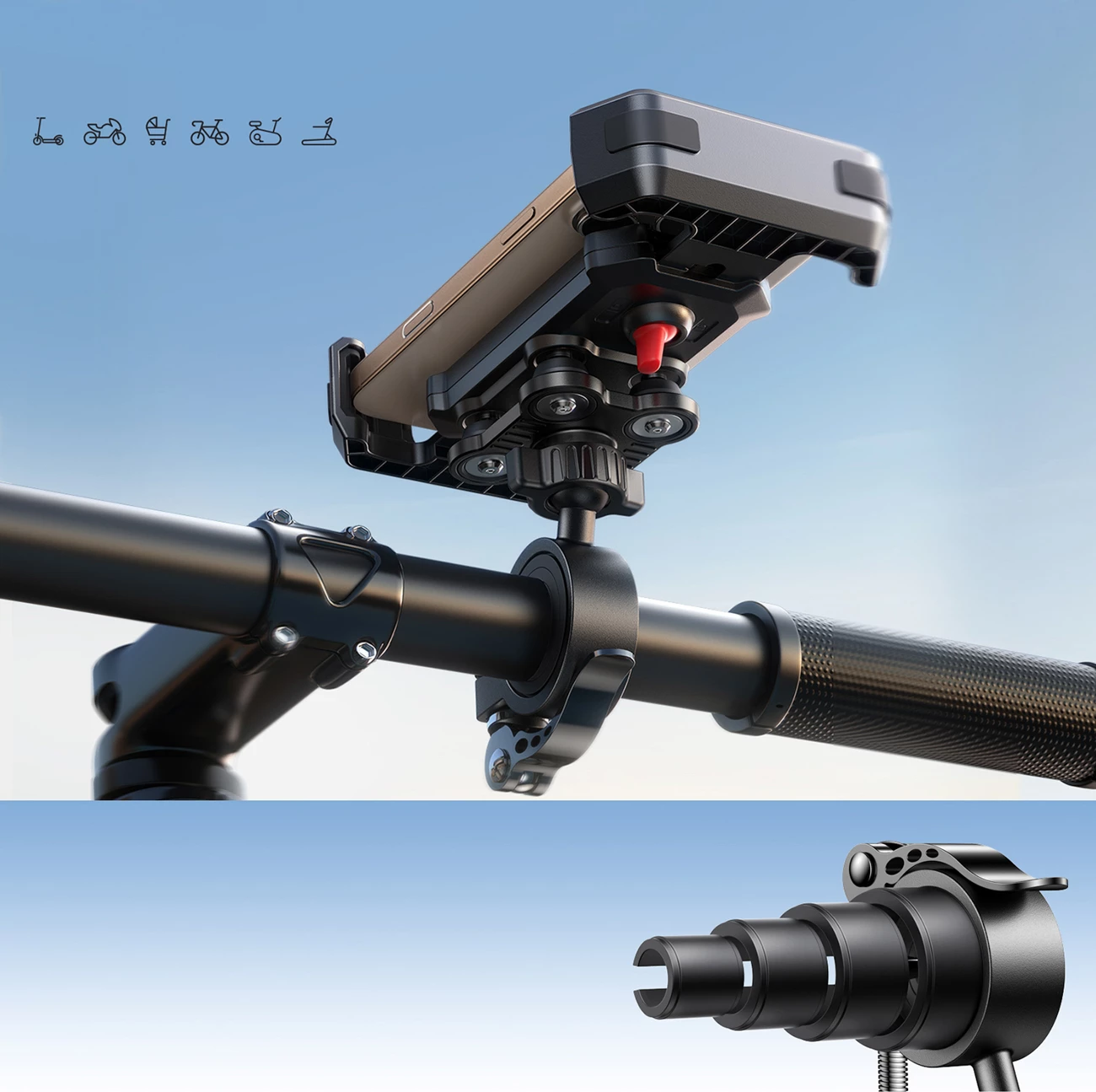 Mbajtës timoni për celular Joyroom JR-ZS428, shok-rezistent, rrotullim 360°, për biçikletë/motoçikletë/skuter, 4.7-7 inch, i zi