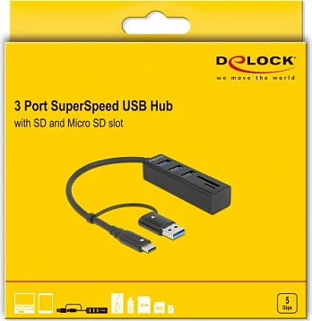 Hub USB DeLOCK 3-Port USB 3.2 Gen 1 me lexues SD/MicroSD, Type-C/Type-A, i zi
