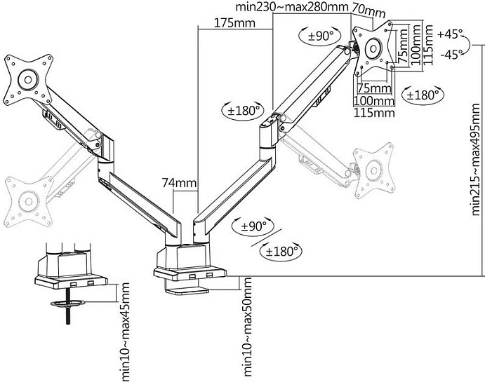 Mbajtëse monitori ROLINE LCD Doppelarm, montim në tavolinë, gasfeder, 2x 17-32 inç, VESA 75x75/100x100, deri 2x9 kg, argjend