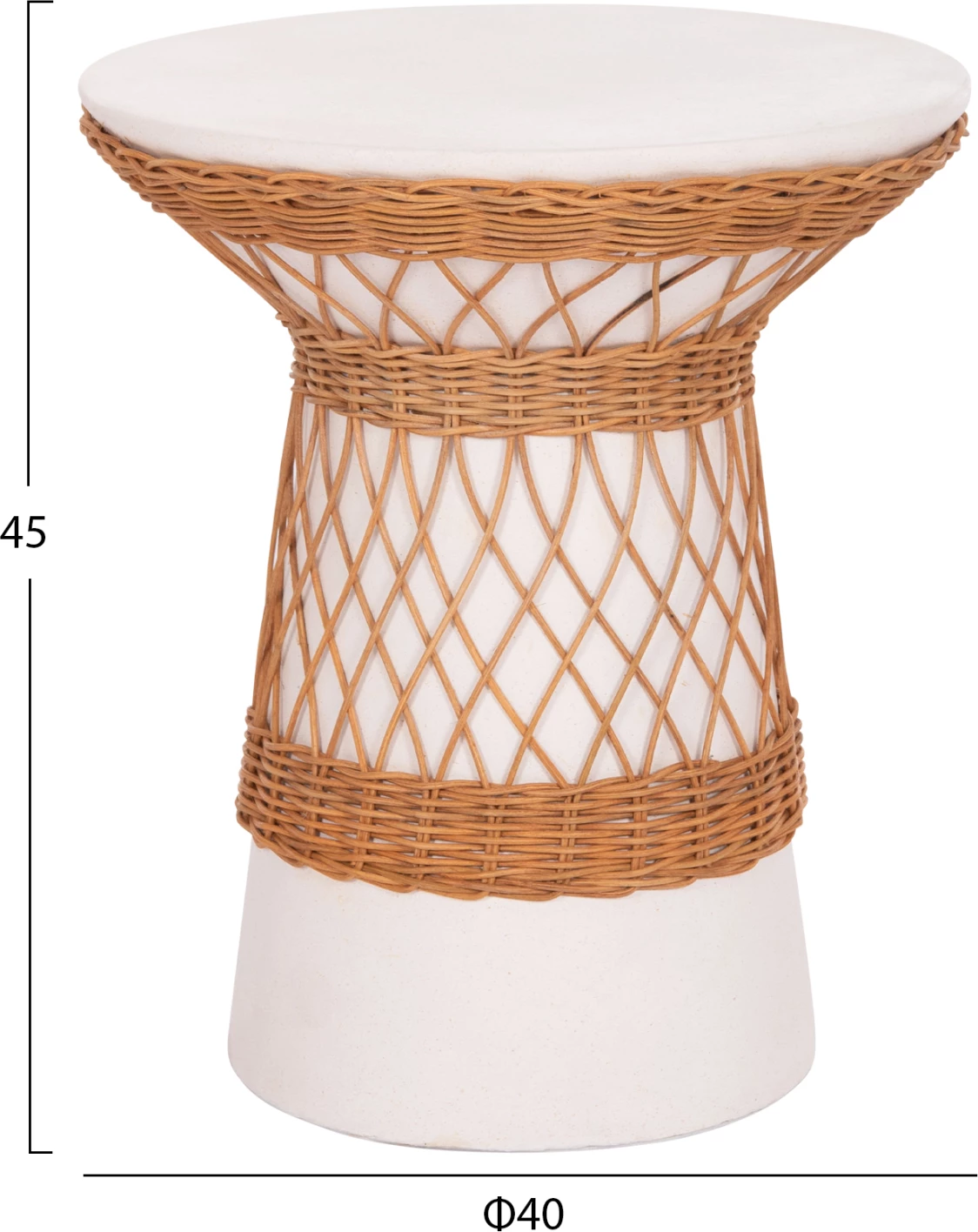 Tavolinë anësore e rrumbullakët Delia, çimento fiber e bardhë & ratan, FH18167.02, 40x45cm