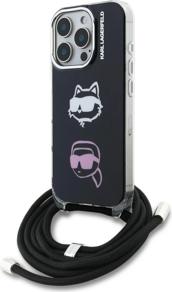 Mbështjellës Karl Lagerfeld IML Crossbody Karl&Choupette Head për iPhone 16 Pro, me litar (lanyard), TPU/PC, i zi