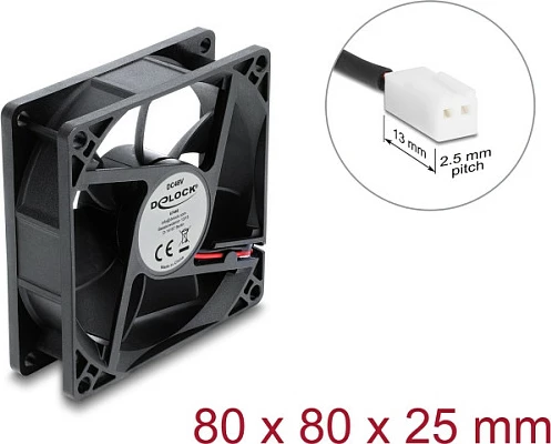 Ventilator për kasë DeLOCK 80x80x25mm, 48V DC, 2-Pin, i zi