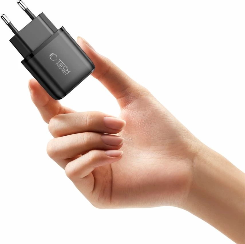 Karikues muri Tech-Protect NCA45W-GAN 45W 2-port (USB-C PD 3.0 + USB-A QC 3.0) me kabllo USB-C në USB-C 1m, i zi, set