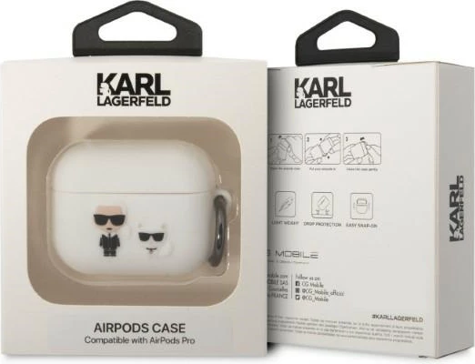 Mbështjellës Karl Lagerfeld për AirPods Pro, silikon, i bardhë, me unazë
