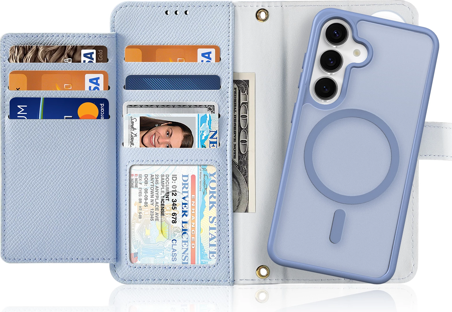 Mbështjellës Dux Ducis Lawa për Samsung Galaxy S25+, lëkurë, me portofol magnetik të ndashëm, kaltër