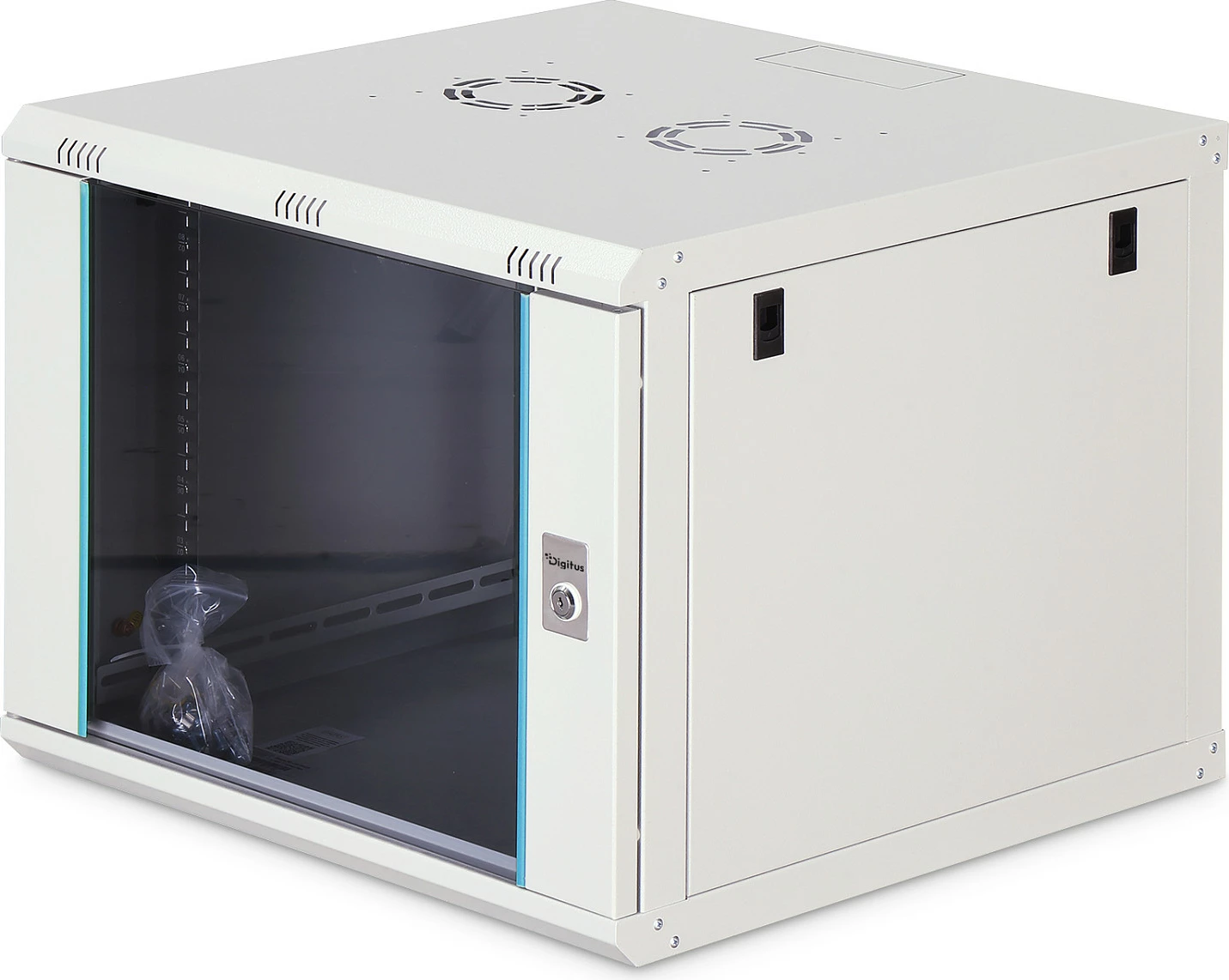Kabinet rrjeti për mur Digitus Dynamic-N, 9U, 600x600mm, IP20, derë xhami me kyç, gri e hapur
