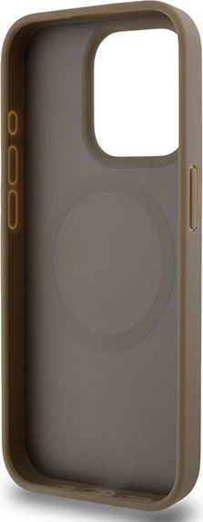 Mbështjellës DKNY Leather Pattern Metal Logo MagSafe për iPhone 14 Pro, kafe