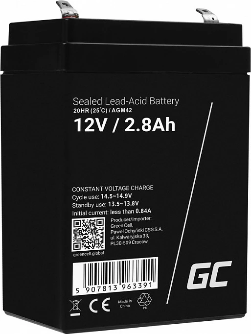 Bateri plumbi e mbyllur Green Cell AGM25, 12V 2.8Ah, e zezë