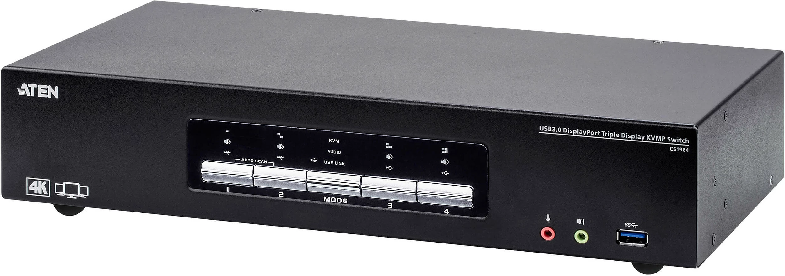 KVM Switch ATEN 4P USB 3.0, 4K DisplayPort Triple View, 4 kompjuterë, e zezë