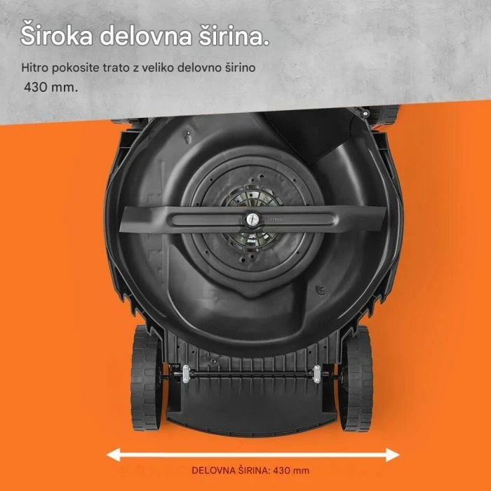 kositëse bari elektrike VONHAUS 3500359 1800W, gjerësi prerjeje 43 cm, thes 52 L, kabllo 12 m, mulching, gri/zezë me portokalli