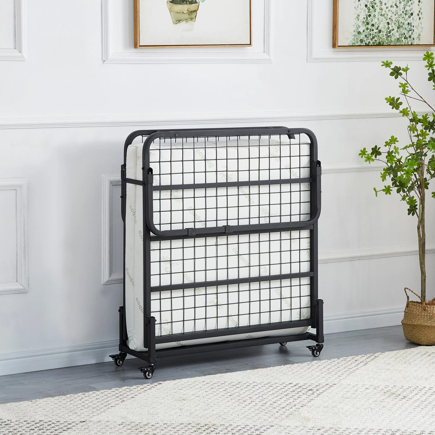 Shtrat portativ i palosshëm me dyshek, NETTI FH691.01, metal, ngjyrë e zezë matte, 190x76x30cm