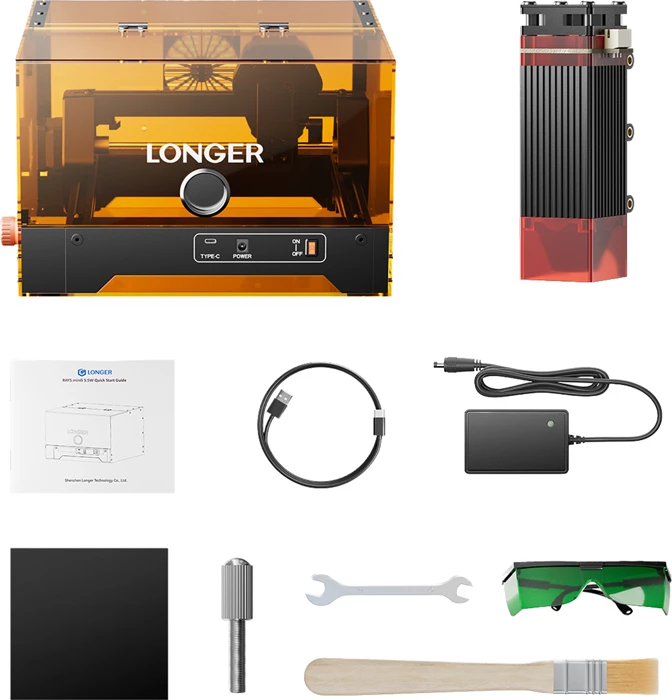 Gravues lazer Longer Ray5 miniS 3.5W, 130x140mm, Wi‑Fi/USB, 450nm, me mbulesë portokalli