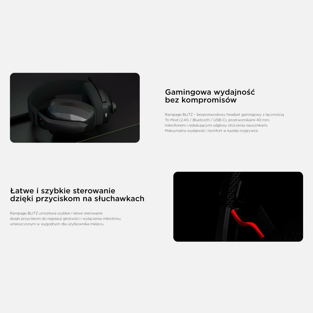 Kufje gaming Rampage BLITZ, wireless, Bluetooth 5.3, me mikrofon, të zeza