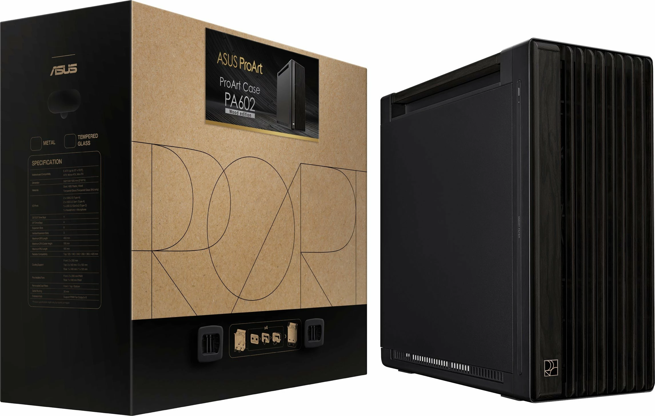 Kasë Asus ProArt PA602 Wooden (90DC00J0-B09020) Midi Tower, e-ATX/ATX, pa dritare, e zezë