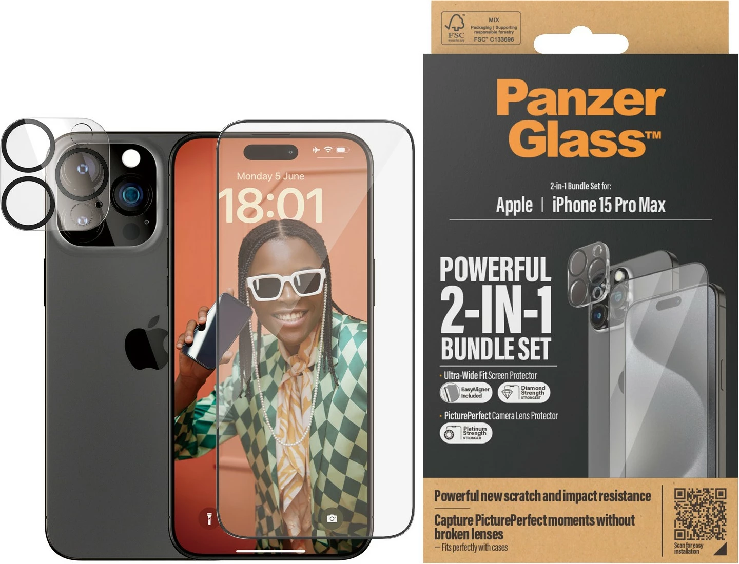 Mbështjellës PanzerGlass 2-in-1-Pack për iPhone 15 Pro Max, xham mbrojtës me aligner