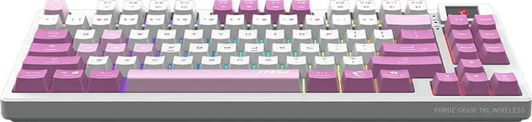 Tastierë mekanike MSI Forge GK600 TKL Wireless, RGB, USB-C/2.4GHz/Bluetooth, Kailh Low-Profile White, Pink/Violet/White