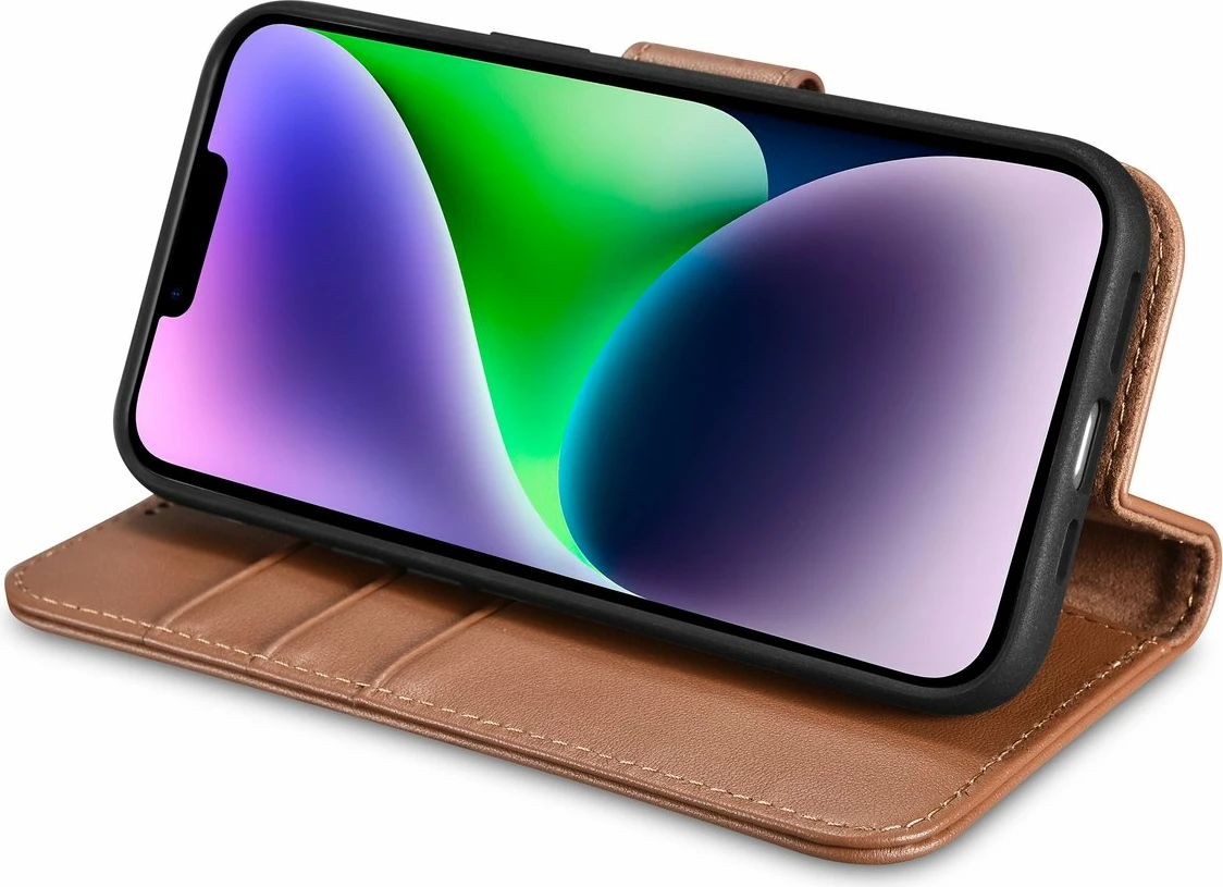 Mbështjellës iCarer Wallet 2in1 për iPhone 14 Plus, lëkurë natyrale, Anti-RFID, Kafe