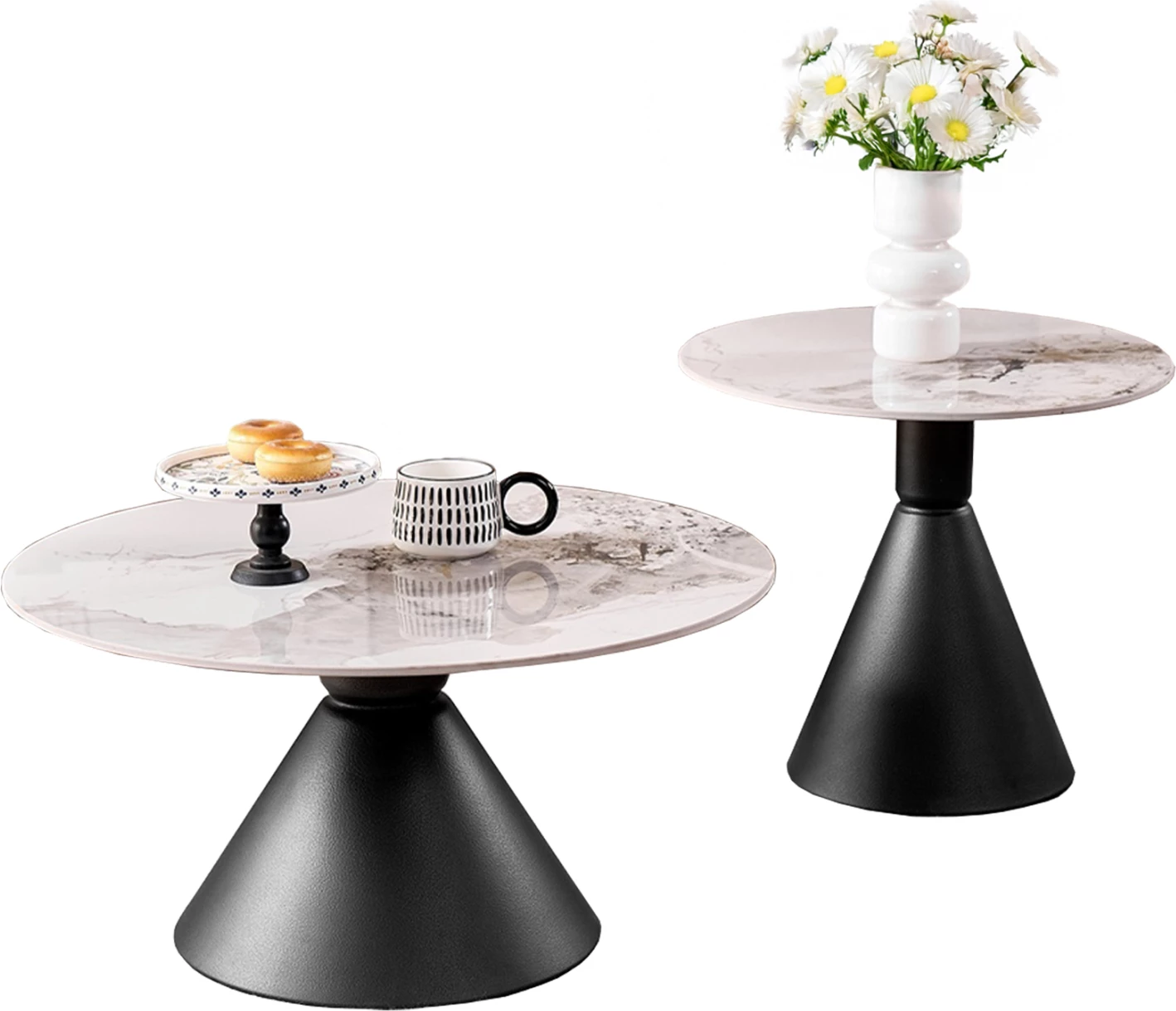 Set 2 tavolina kafeje JEN, metal i zi, gur sintetik Pandora, FH18305.02, 50cm & 70cm