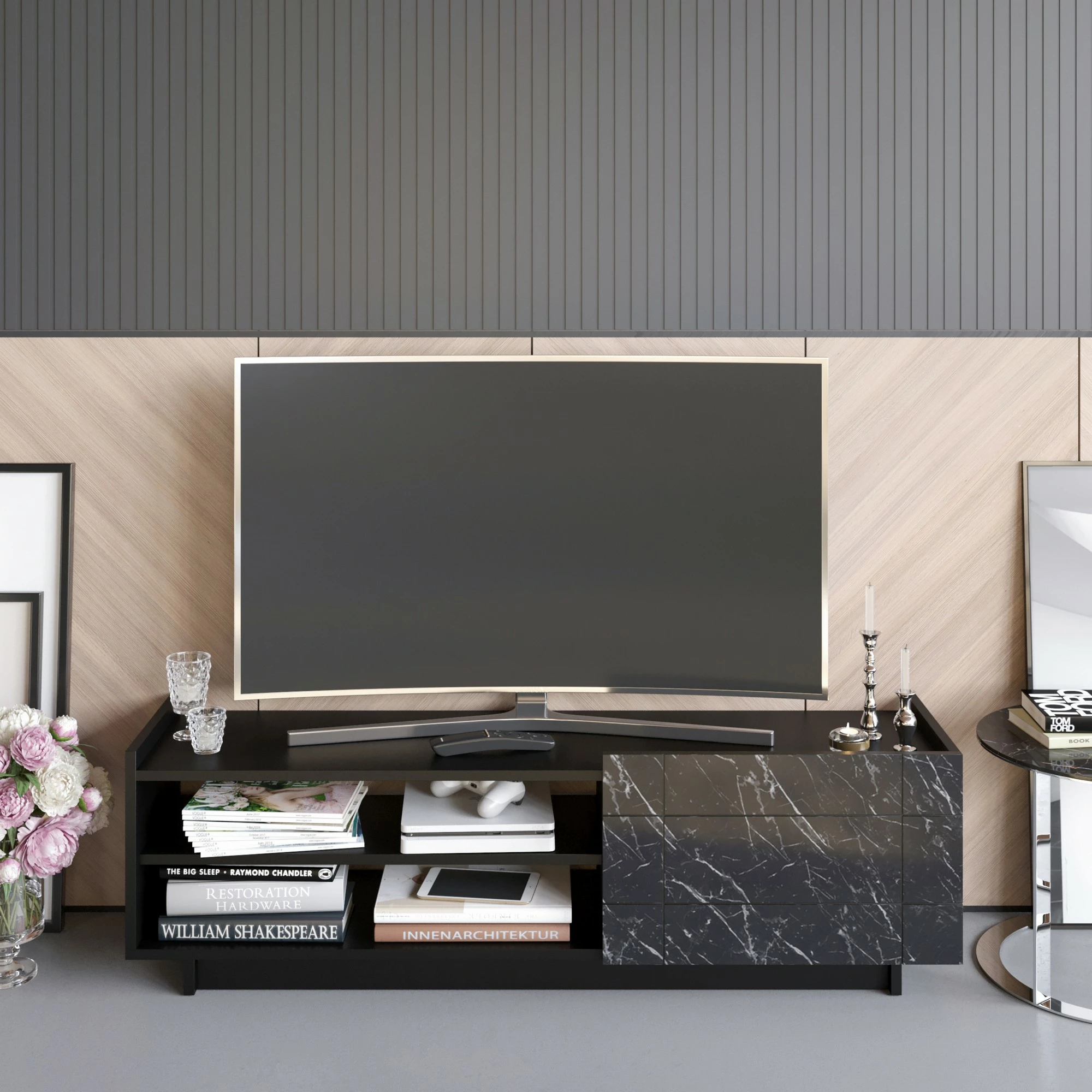Komodë TV Hanah Home, Valantina, e zezë, mermer