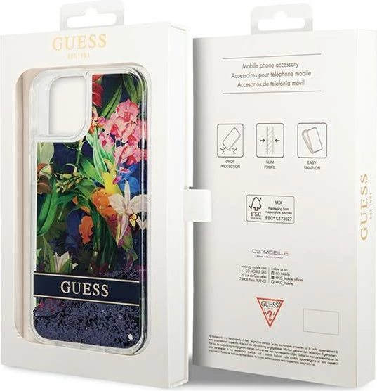 Mbështjellës Guess Flower Liquid Glitter për iPhone 14 Plus 6.7", kaltër
