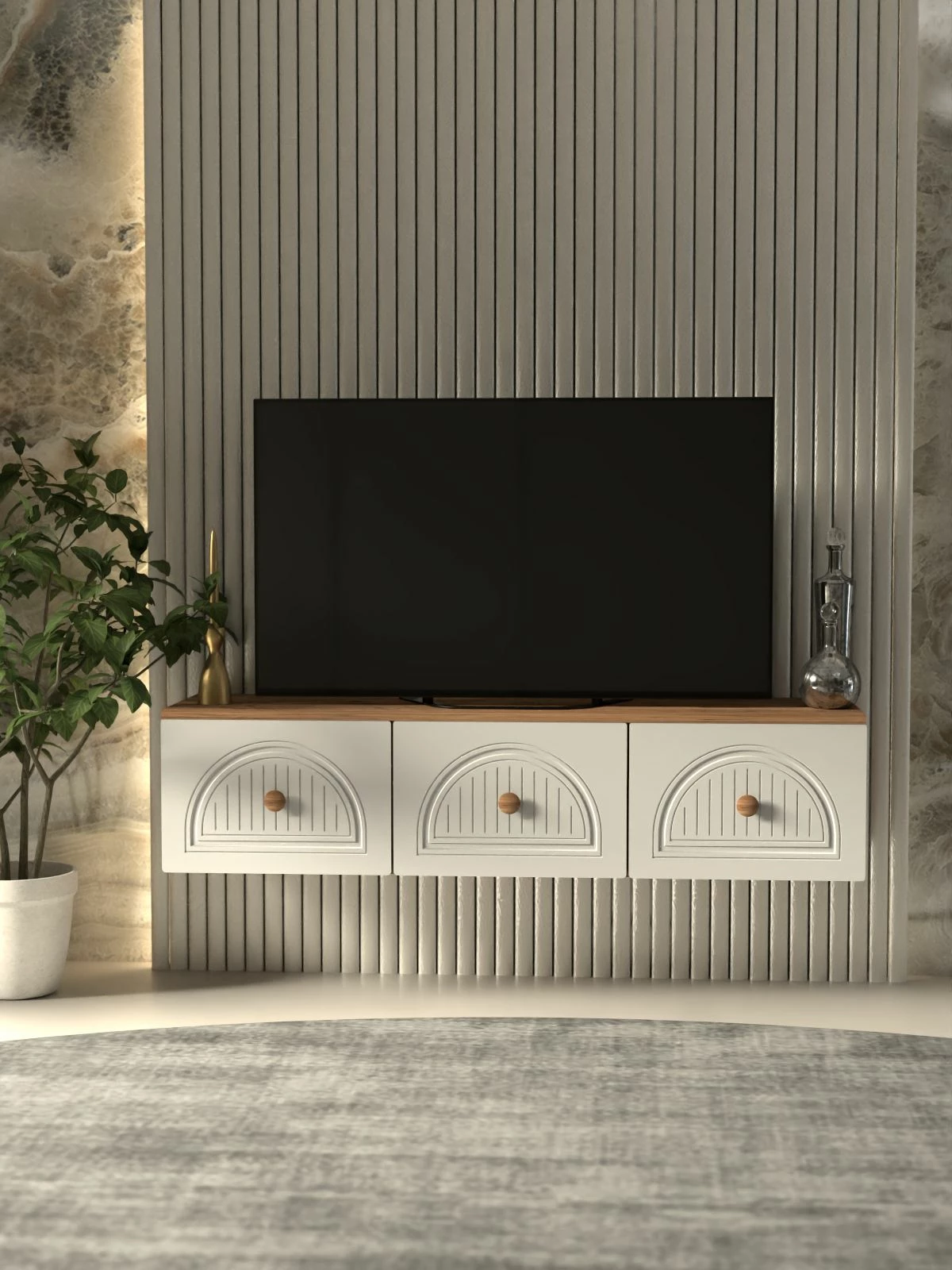 Komodë TV Skye Decor, Modena 135, ngjyrë Atlantic Pine dhe e bardhë