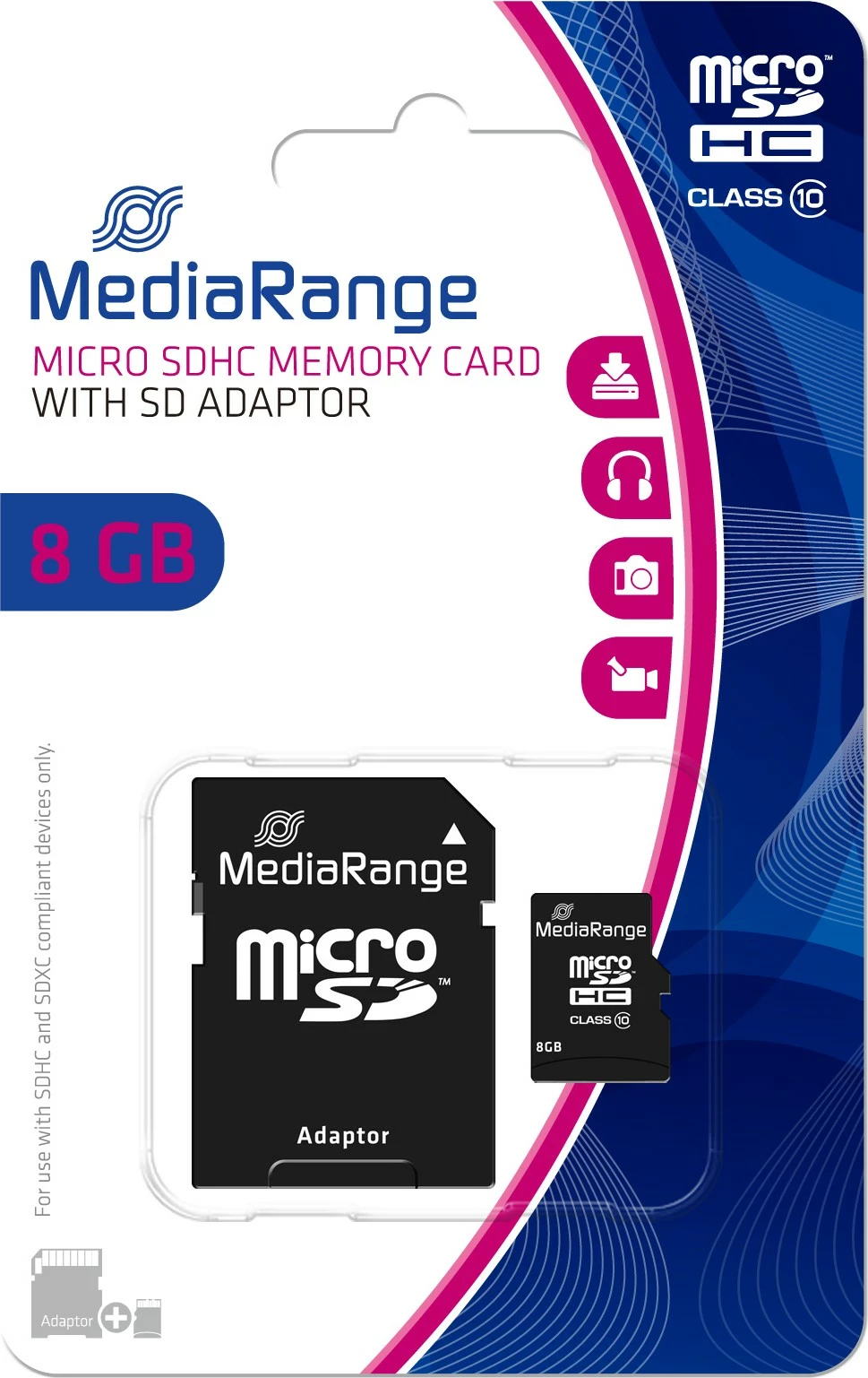 MicroSDHC kartelë MediaRange 8GB, Class 10, me adapter, e zezë