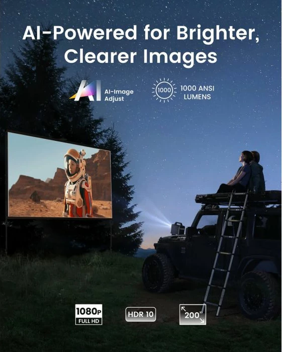 Projektor portativ Anker Nebula Mars 3 1080p, 1000 ANSI lumens, deri 200\", Android TV 11, bateri 185 Wh, altoparlant 40 W, gri/zi, set me telekomandë