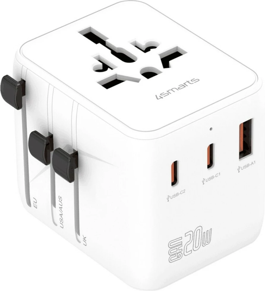 Adapter udhëtimi, 4smarts Nomad 20W, GaN, 2x USB-C + 1x USB-A, prizë universale, i bardhë