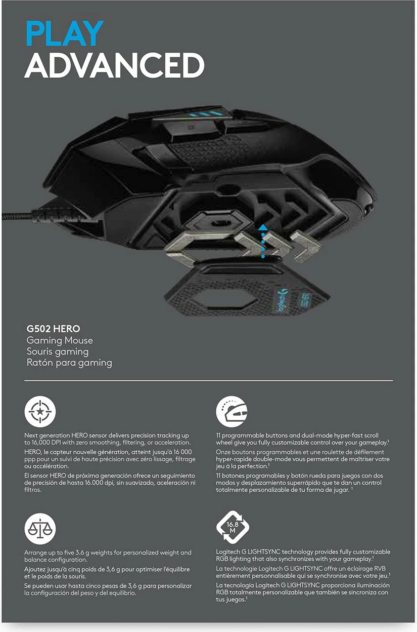 Maus Logitech G G502 HERO, 25600 DPI, USB, i zi