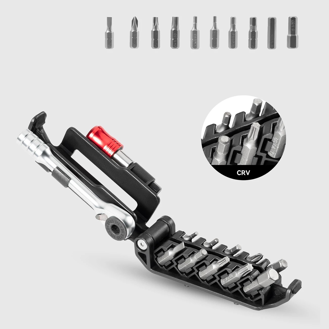 Multitool set veglash për biçikletë Rockbros Multitool Ratchet Set, çelës ratchet + 10 bita + 2 leva gome, me këllëf me zinxhir, e zezë