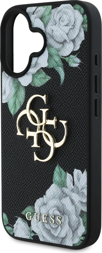 Mbështjellës Guess Grained Roses Big 4G logo për iPhone 16, i zi