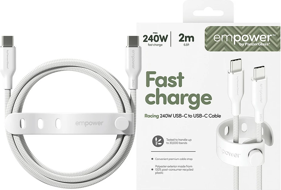 Kabllo USB-C në USB-C PanzerGlass empower Racing, 240W, 2m, USB 2.0, e bardhë