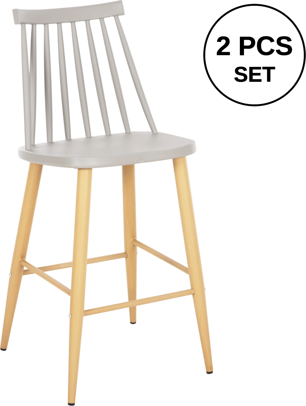 Karrige për bar mesatare VANESSA FH9300.10, polipropilen gri dhe metal, dru natyral, 45x48x96H cm., set prej 2 copë