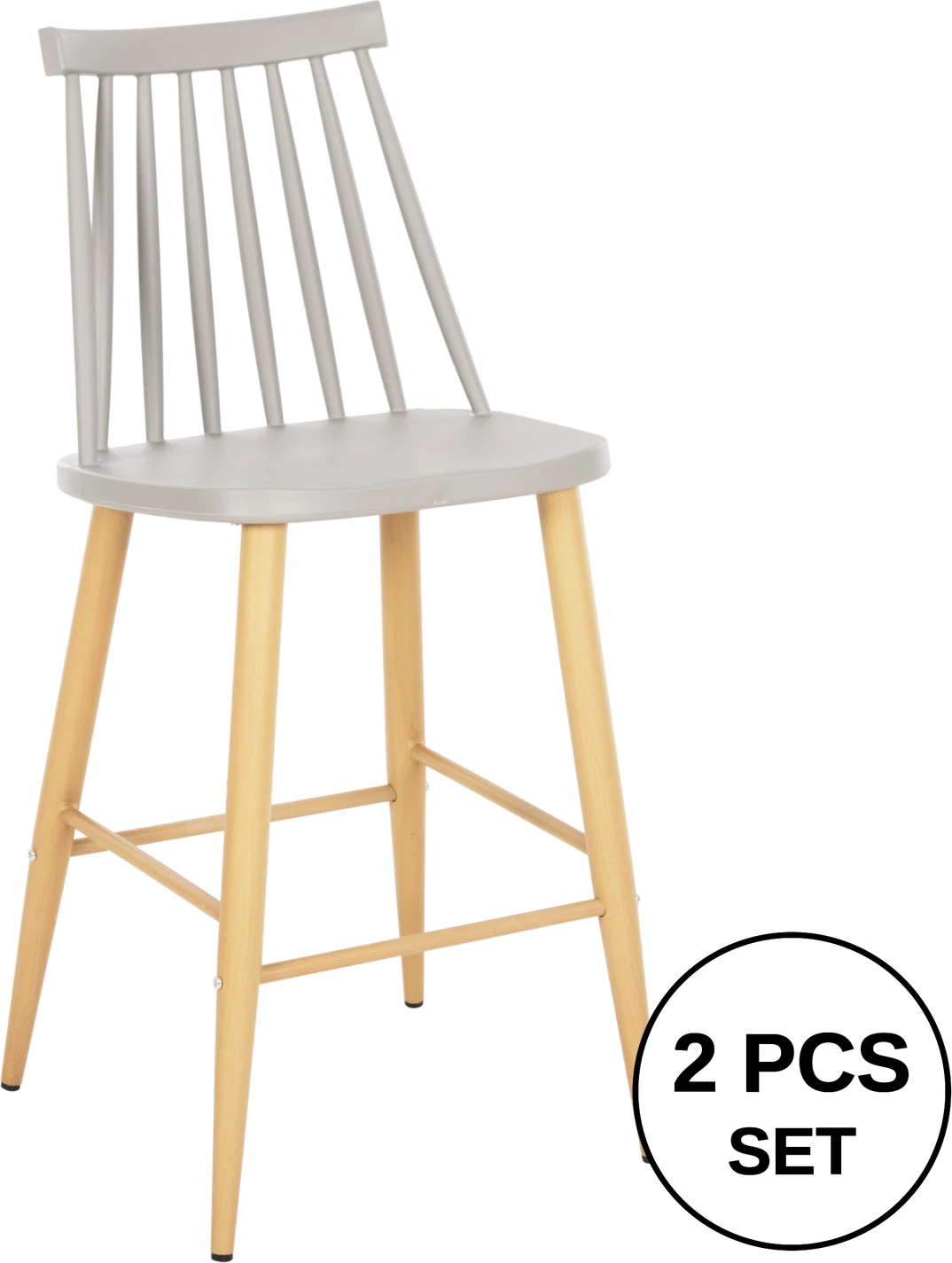 Karrige për bar mesatare VANESSA FH9300.10, polipropilen gri dhe metal, dru natyral, 45x48x96H cm., set prej 2 copë