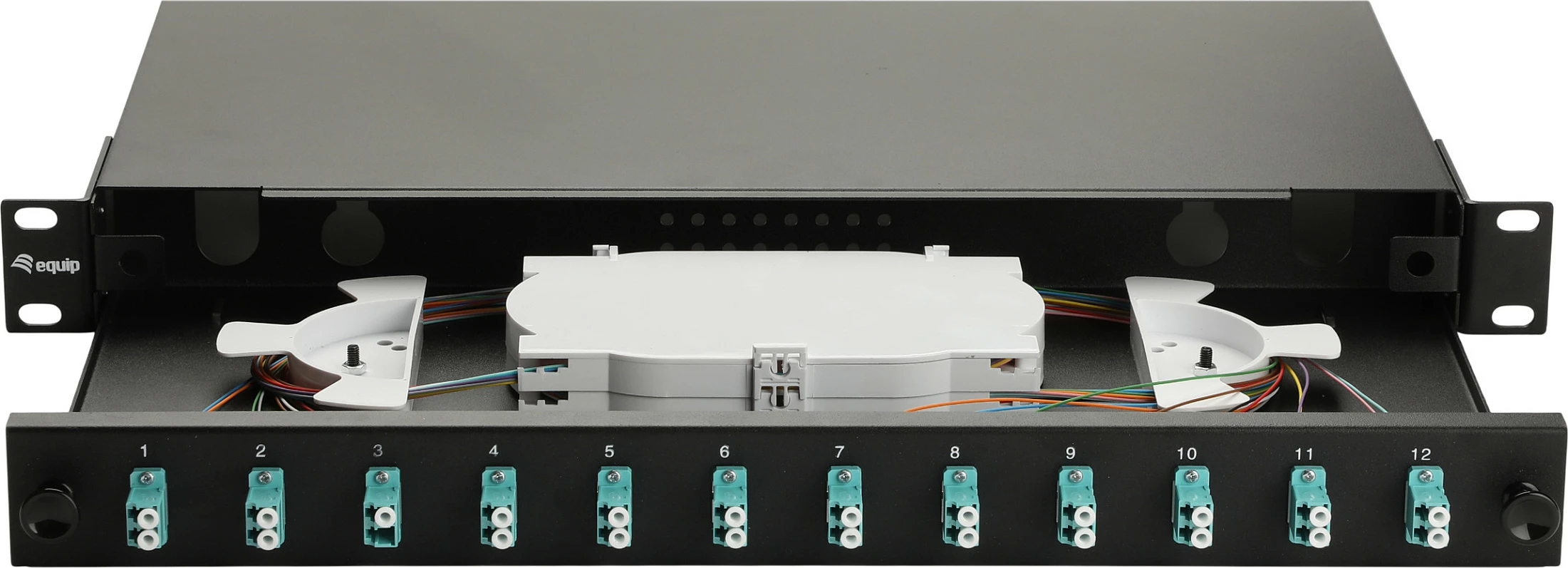 Kuti splice fibër optike Equip 337202, 12-port LC Duplex OM3, 1U rack, e zezë