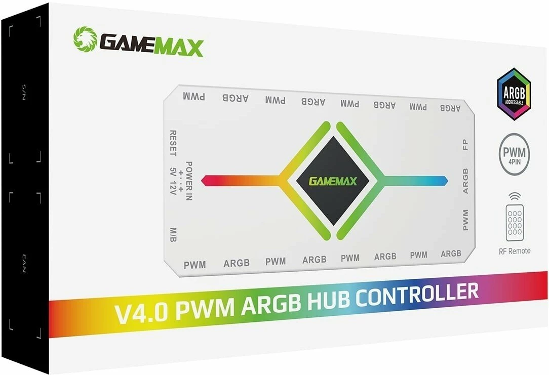 Hub kontrollues ventilatorësh ARGB PWM GameMax V4.0, 8x 3-pin/4-pin, SATA, me telekomandë, i bardhë