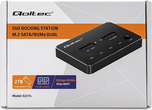 Stacion dokimi SSD M.2 Qoltec 52274, NVMe/SATA, USB-C, 2x2TB, i zi