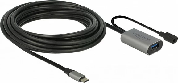 Kabllo aktive zgjatëse USB DeLOCK 85391, USB-C në USB-A (femër), 5 m, USB 3.2 Gen 1, me hyrje DC, zi/gri