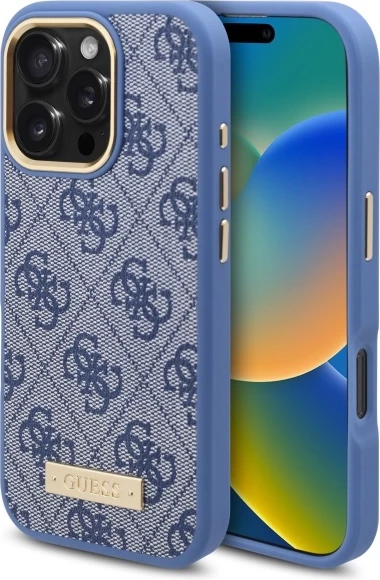 Mbështjellës Guess 4G Logo Plate MagSafe për iPhone 16 Pro Max, Kaltër