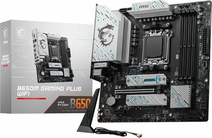 Pllakë amë MSI B650M GAMING PLUS WIFI, Micro ATX, DDR5, Wi‑Fi 6E, Bluetooth 5.2, LAN 2.5GbE, e zezë/argjendtë, set me antenë WiFi