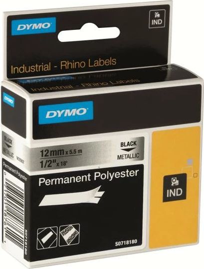 Shirit etiketime Dymo RhinoPRO Permanent Polyester 12 mm x 5.5 m (622289), e zezë në transparent