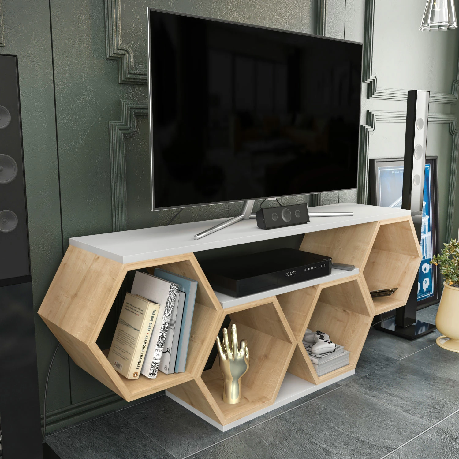 Komodë TV Hanah Home, ngjyrë e bardhë dhe sonomo