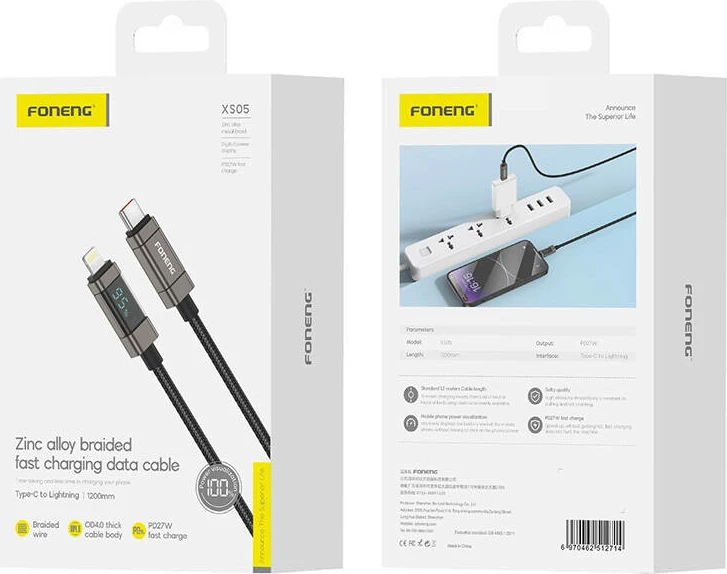 Kabllo USB-C në Lightning Foneng XS05, 1.2m, PD27W, e zezë