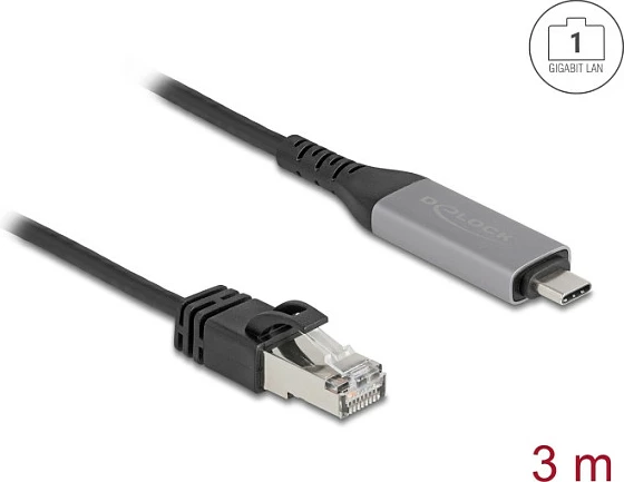 Kabllo LAN USB-C në RJ45 DeLOCK, Gigabit Ethernet Cat6, 3m, e zezë/anthracite